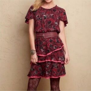 Matilda Jane maroon floral shoulder detail tiered ruffle woman’s midi dress. SM